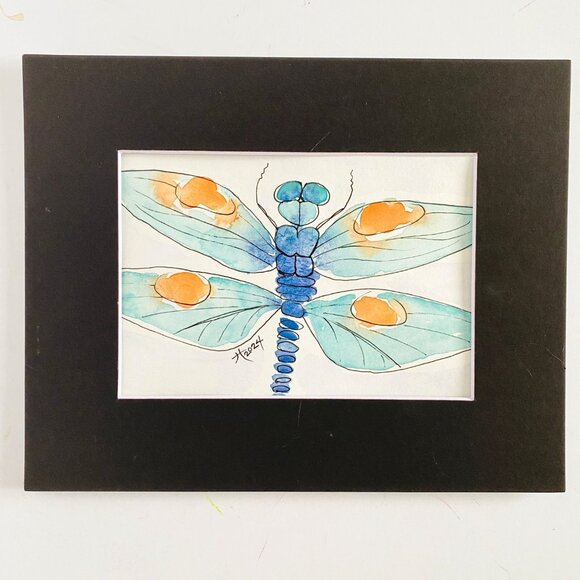 Blue Dragonfly Original Watercolor Wall Art Painting 8x10in Matted Frame Ready - Picture 2 of 5